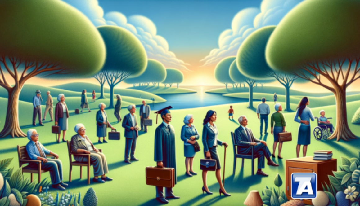 A group of people representing different life stages, from young adults to retirees, symbolizing the importance of life insurance throughout life's journey.