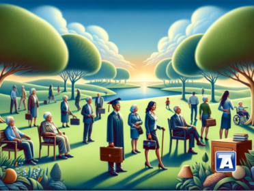 A group of people representing different life stages, from young adults to retirees, symbolizing the importance of life insurance throughout life's journey.