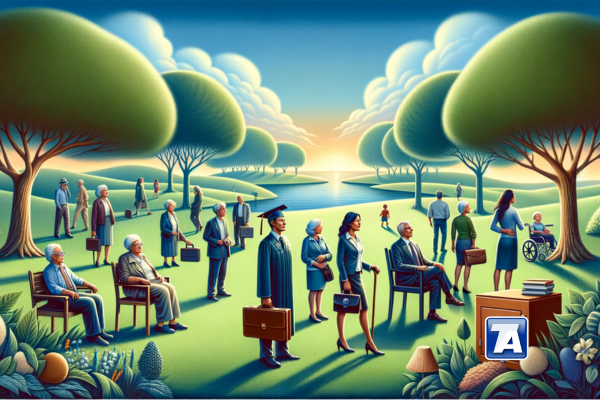 A group of people representing different life stages, from young adults to retirees, symbolizing the importance of life insurance throughout life's journey.